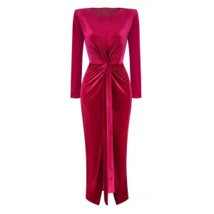 Opulent Crew Neck Shoulder Pad Long Sleeve Split Front Draped Velvet Maxi Evening Dress