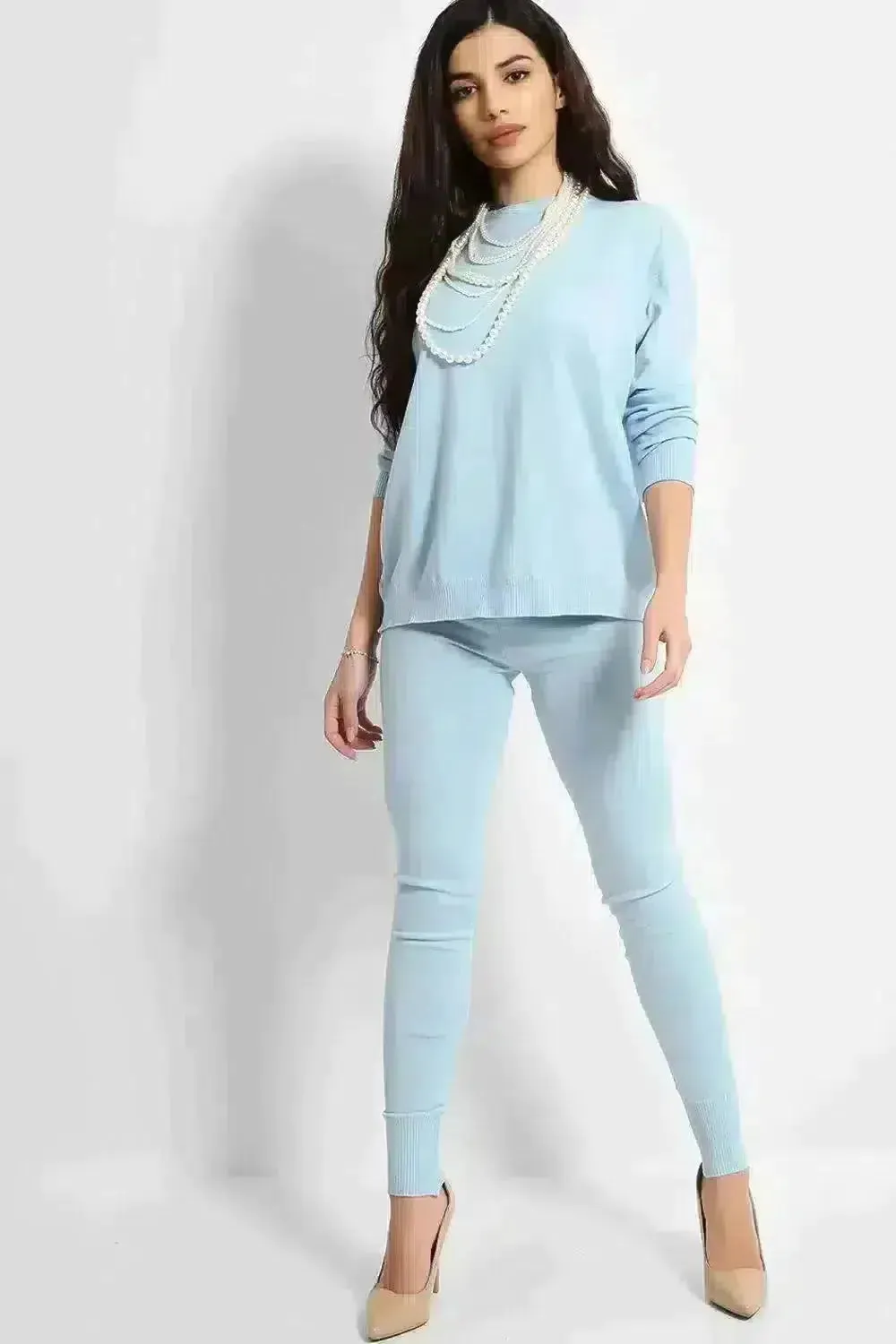 PEARL ACCESSORISED JUMPER & LEGGINGS KNIT BLUE LOUNGE SET