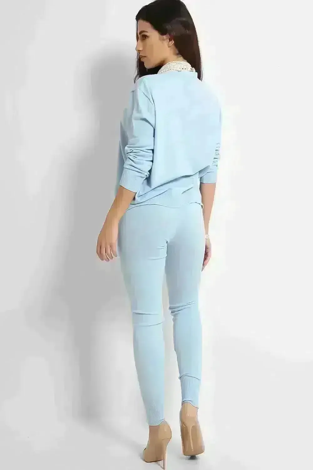 PEARL ACCESSORISED JUMPER & LEGGINGS KNIT BLUE LOUNGE SET