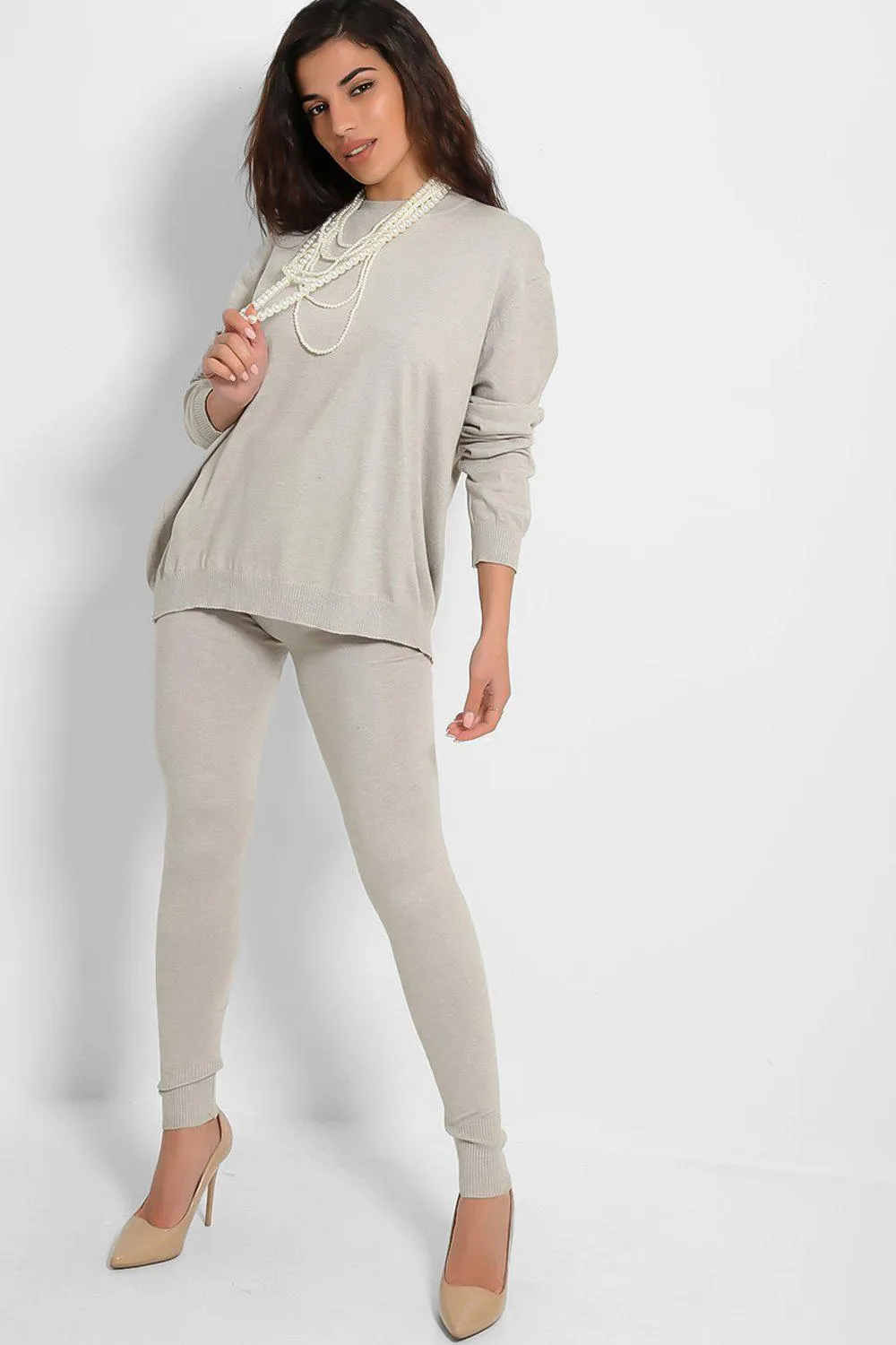 PEARL ACCESSORISED JUMPER & LEGGINGS KNIT GREY LOUNGE SET