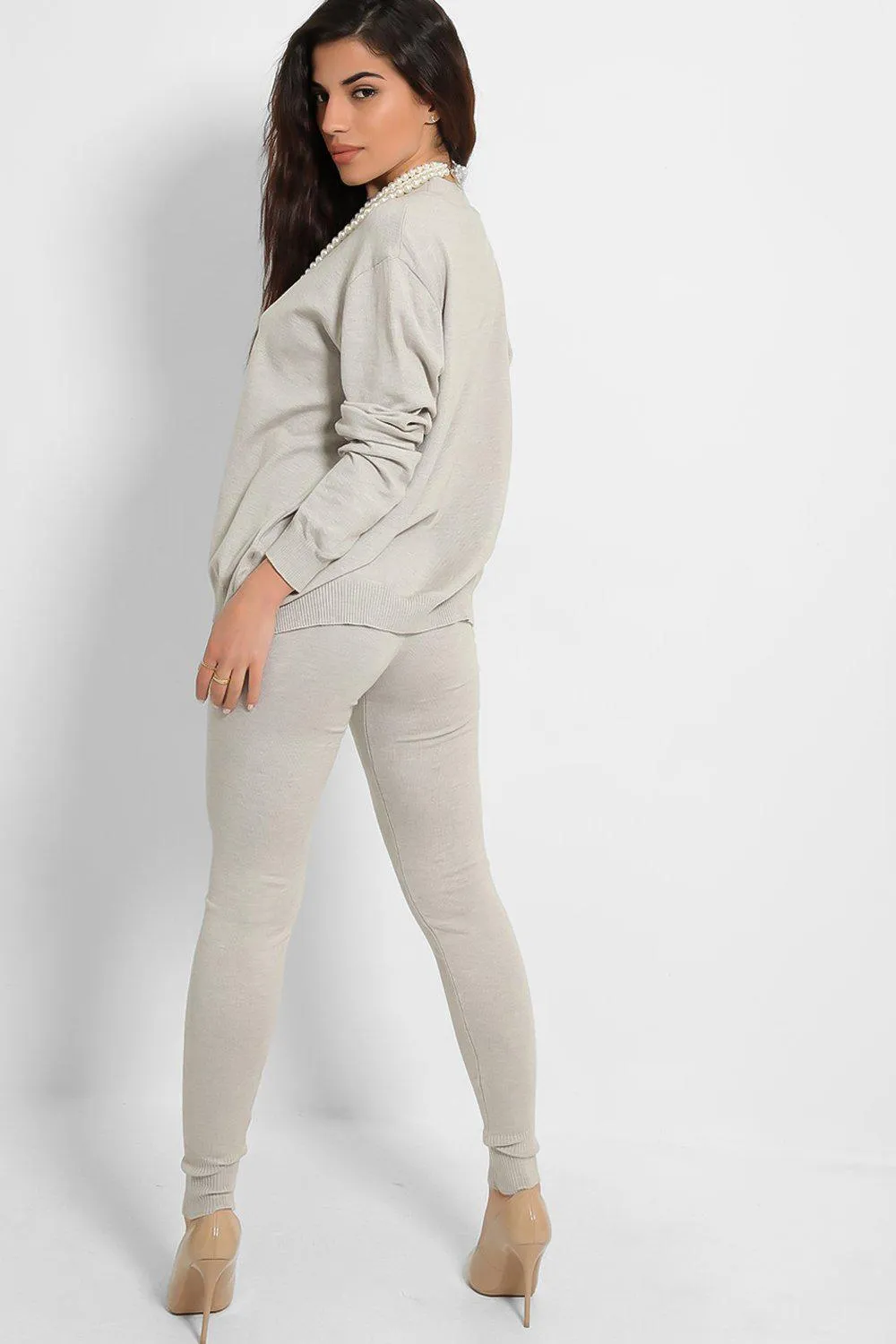 PEARL ACCESSORISED JUMPER & LEGGINGS KNIT GREY LOUNGE SET