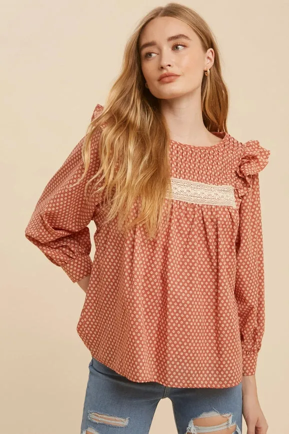 Pintuck Smock Long Sleeve Blouse  RUST