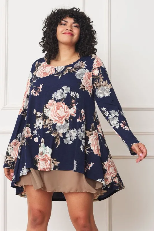 Plus Size Long sleeves round neck Floral Chiffon Layered Mini Dress