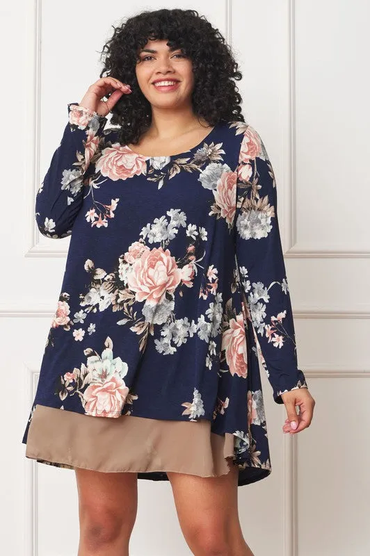 Plus Size Long sleeves round neck Floral Chiffon Layered Mini Dress