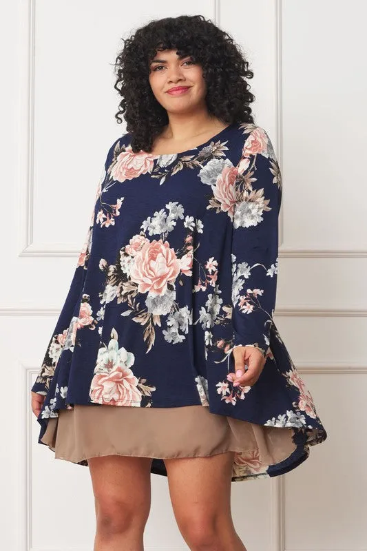 Plus Size Long sleeves round neck Floral Chiffon Layered Mini Dress