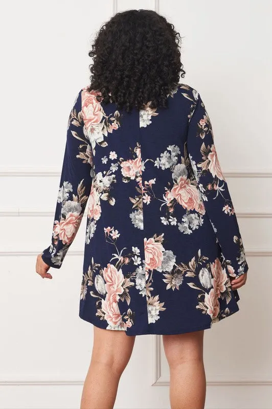 Plus Size Long sleeves round neck Floral Chiffon Layered Mini Dress