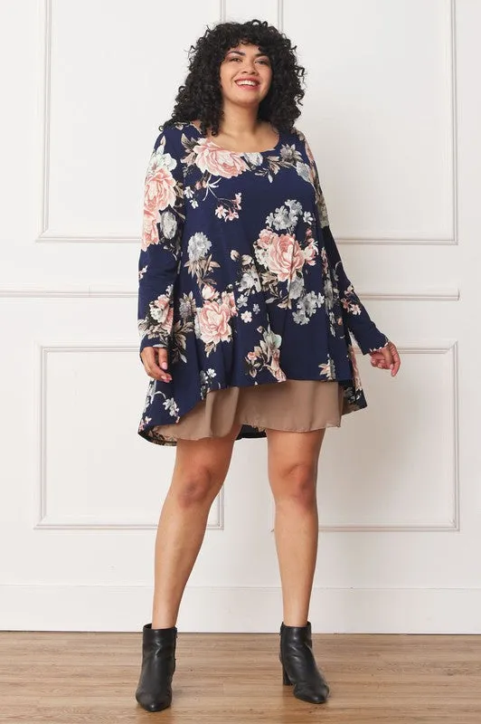 Plus Size Long sleeves round neck Floral Chiffon Layered Mini Dress