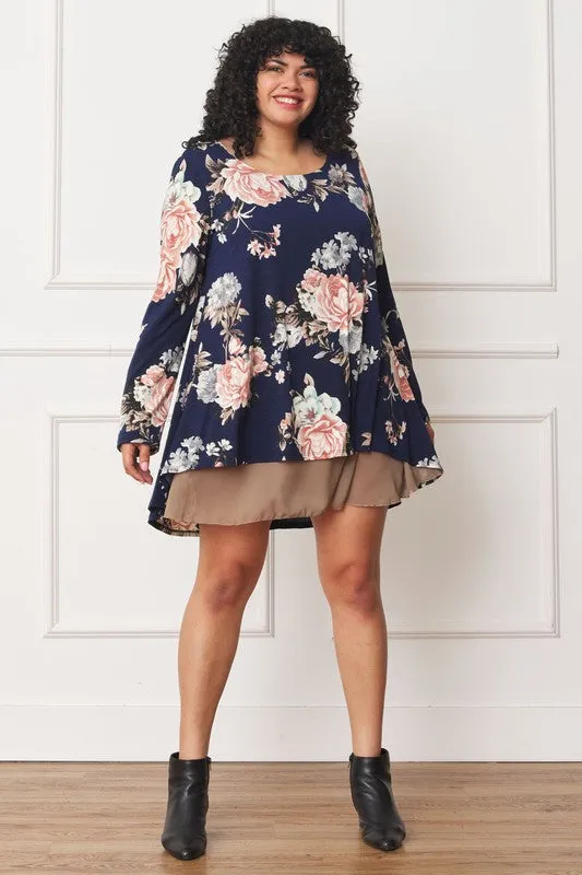 Plus Size Long sleeves round neck Floral Chiffon Layered Mini Dress