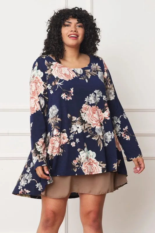 Plus Size Long sleeves round neck Floral Chiffon Layered Mini Dress