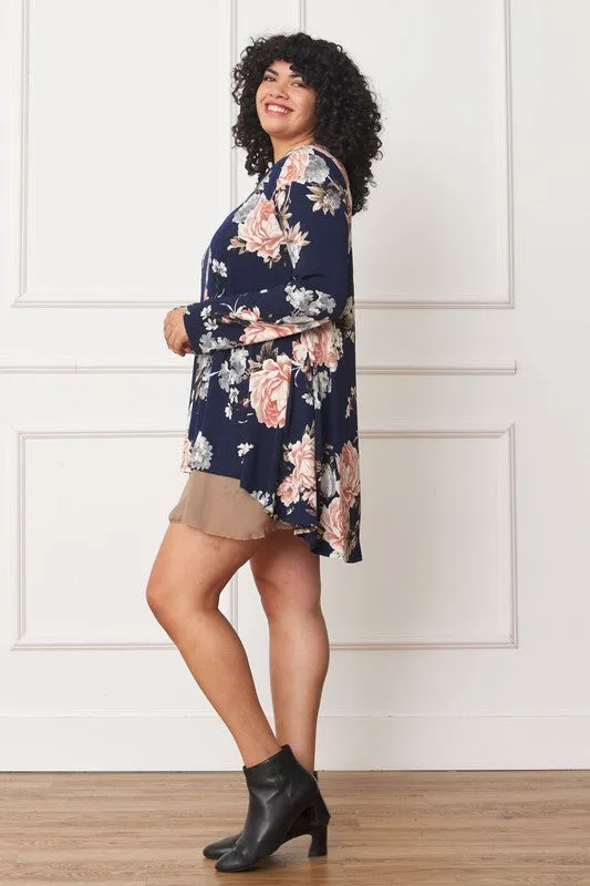 Plus Size Long sleeves round neck Floral Chiffon Layered Mini Dress