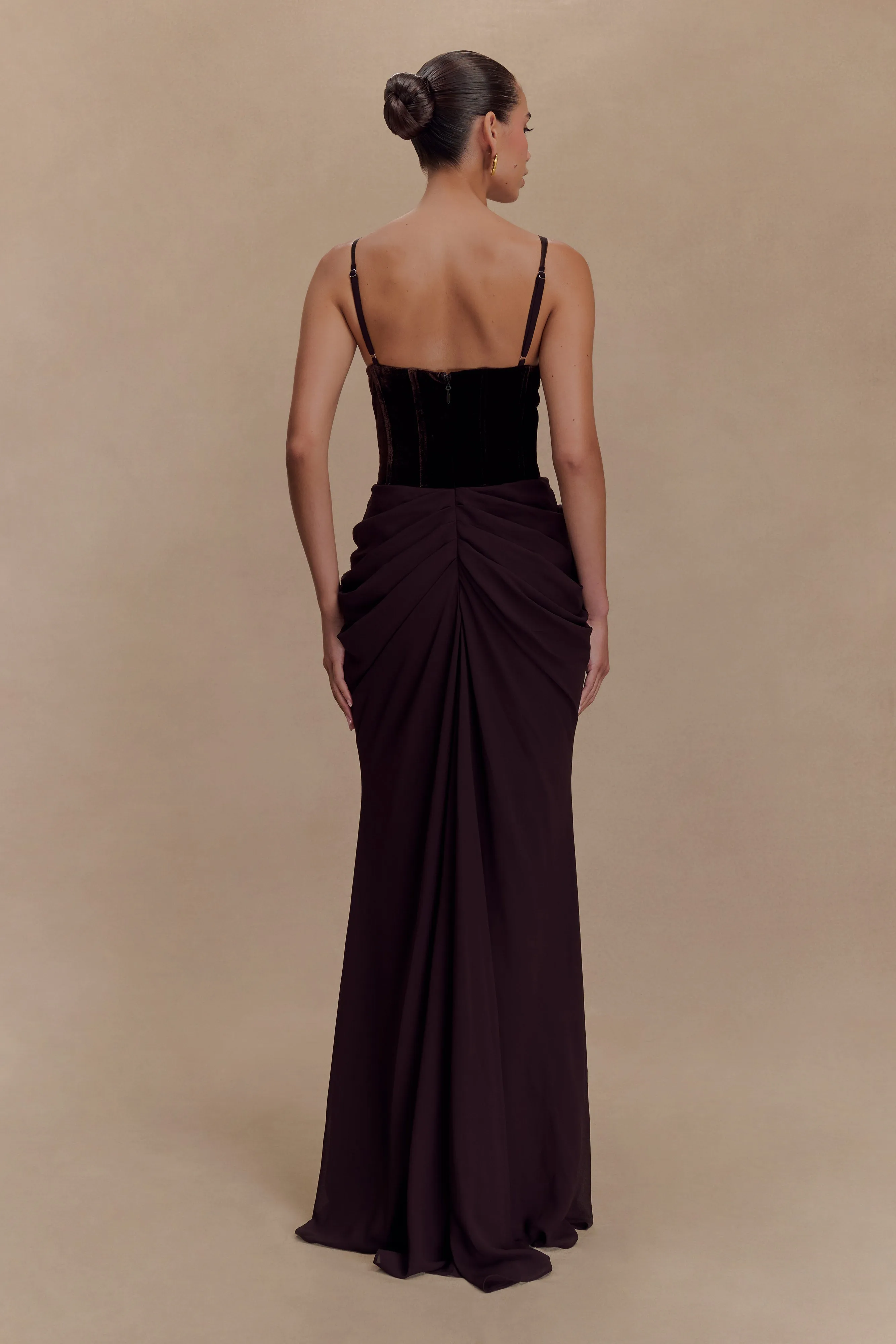 Roxanne Velvet Corset Maxi Dress - Cacao Brown