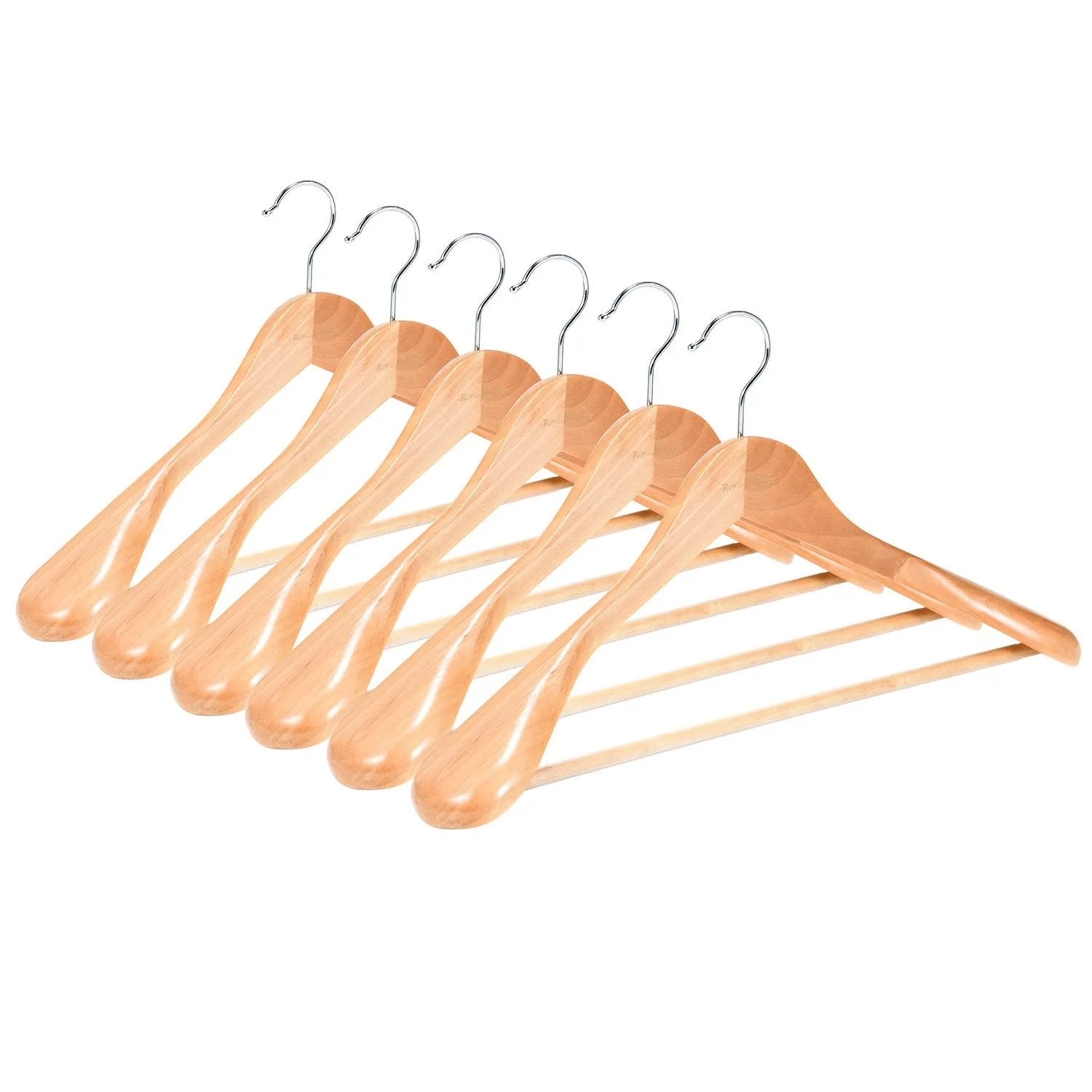 RoyalHanger Coat Hanger 6-Pack, Wood Hangers Trouser Hangers Extra Wide Shoulder Wooden Hangers for Heavy Coat, Sweater, Skirt, Suit, Pants, Natural Finish