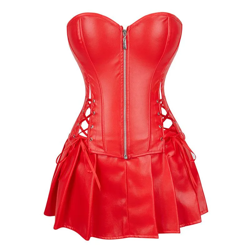 Sexy Imitation Leather Criss Cross Strapless Corset Pleated Dress Halloween Costumes