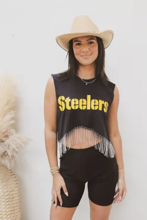 Steelers Cropped Rhinestone Fringe Tank