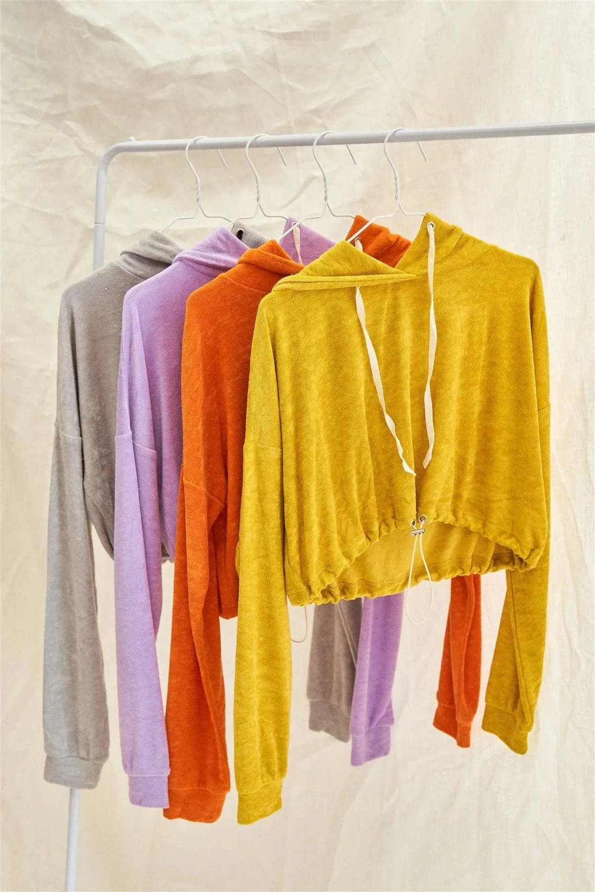 Sunset Orange Soft Relaxed Fit Long Sleeve Elastic Loop Draw String Tie Cropped Hoodie /2-2-1