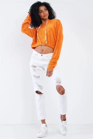 Sunset Orange Soft Relaxed Fit Long Sleeve Elastic Loop Draw String Tie Cropped Hoodie /2-2-1