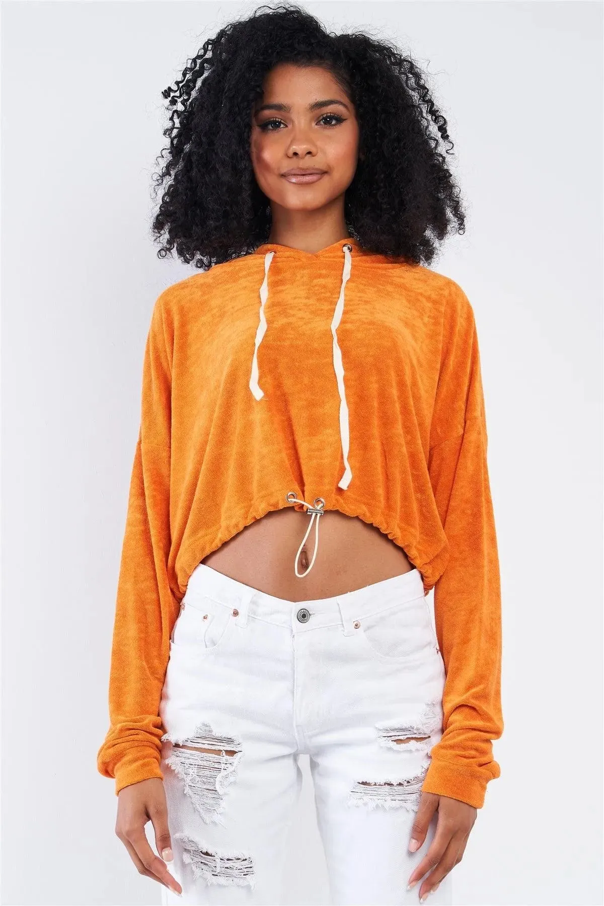 Sunset Orange Soft Relaxed Fit Long Sleeve Elastic Loop Draw String Tie Cropped Hoodie /2-2-1