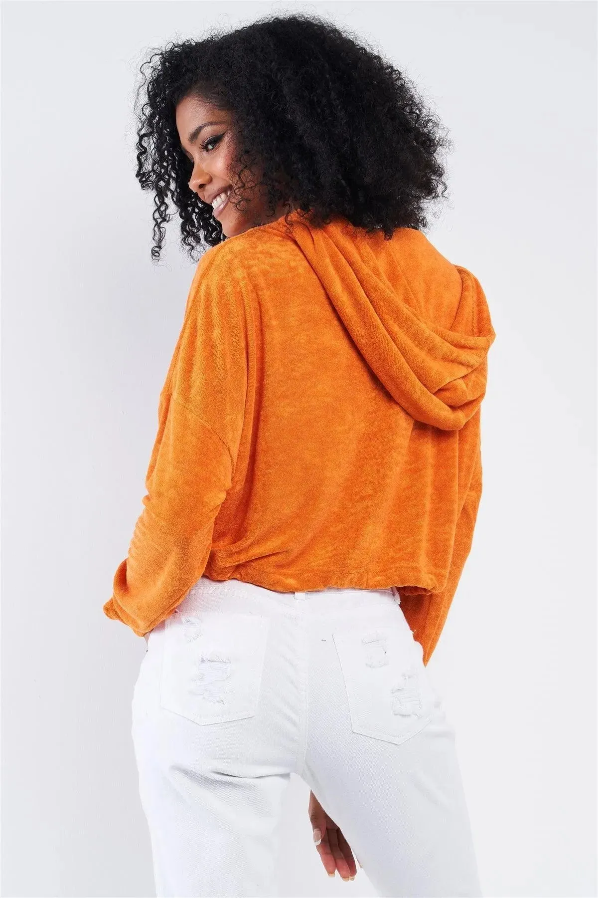 Sunset Orange Soft Relaxed Fit Long Sleeve Elastic Loop Draw String Tie Cropped Hoodie /2-2-1