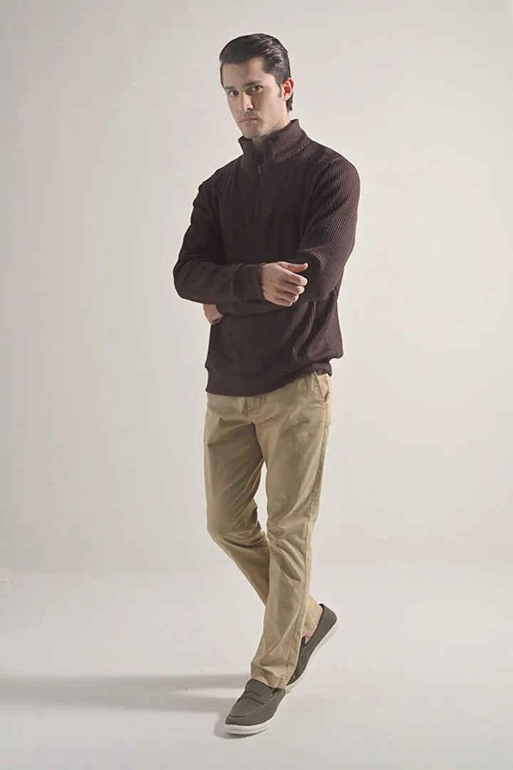 Textured Half Zipper Sweatshirt - Dark Brown