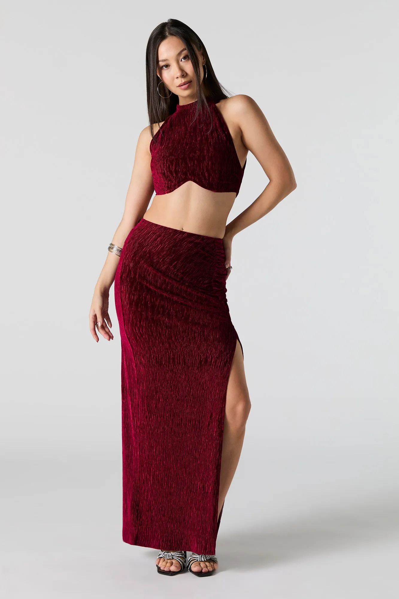 Textured Velvet Cropped Halter Tank