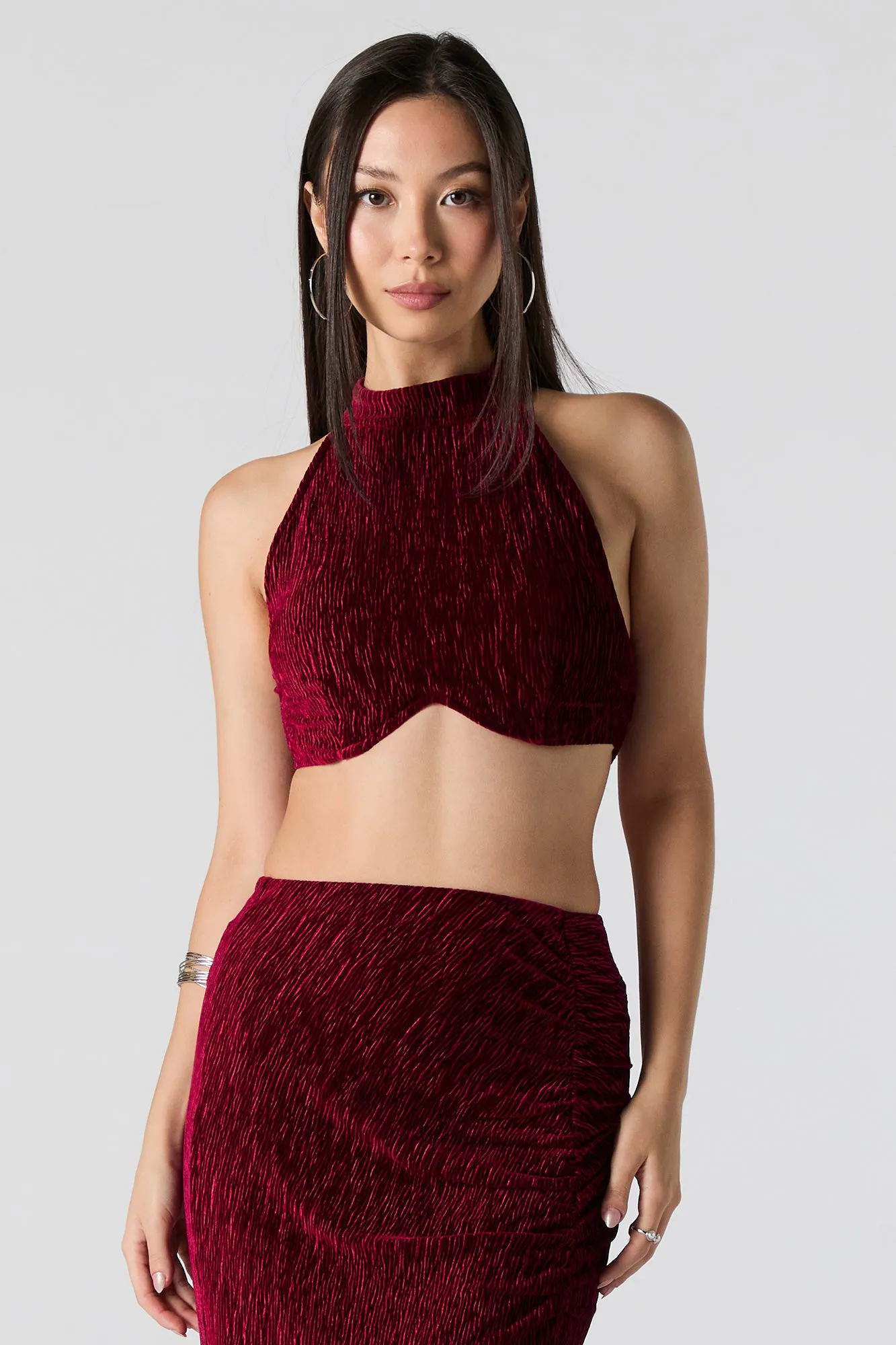 Textured Velvet Cropped Halter Tank