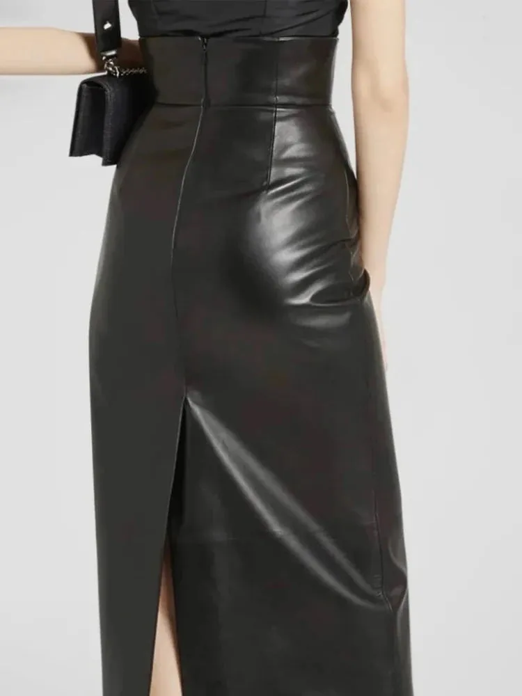 Trend4us Women's Chic High-Waisted Faux Leather Skirt