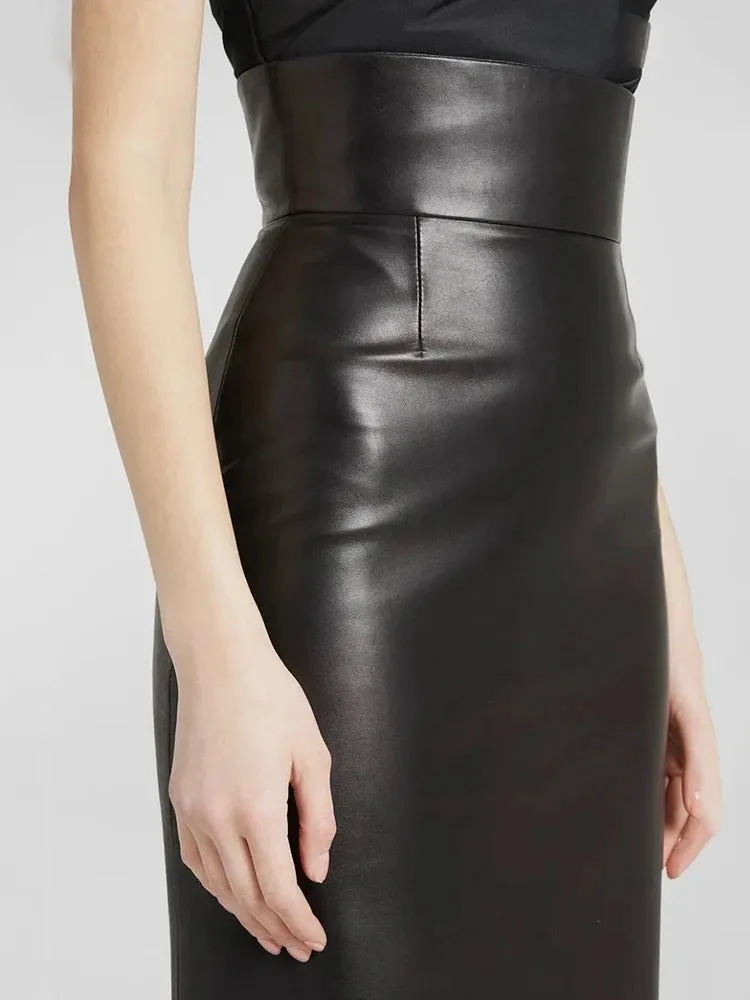 Trend4us Women's Chic High-Waisted Faux Leather Skirt