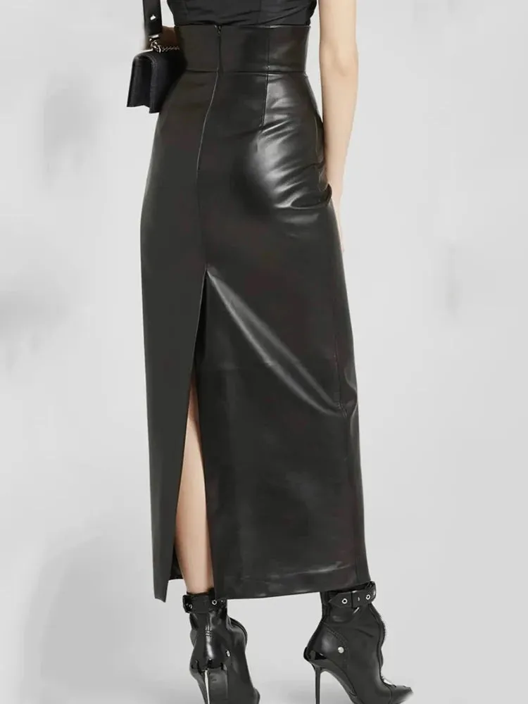 Trend4us Women's Chic High-Waisted Faux Leather Skirt