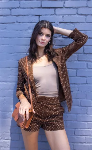 Vintage Brown Corduroy Polka Dot Print 3/4 Sleeve Open Front Retro Blazer & High-Waisted Mini Shorts Two Piece Set /2-2-2