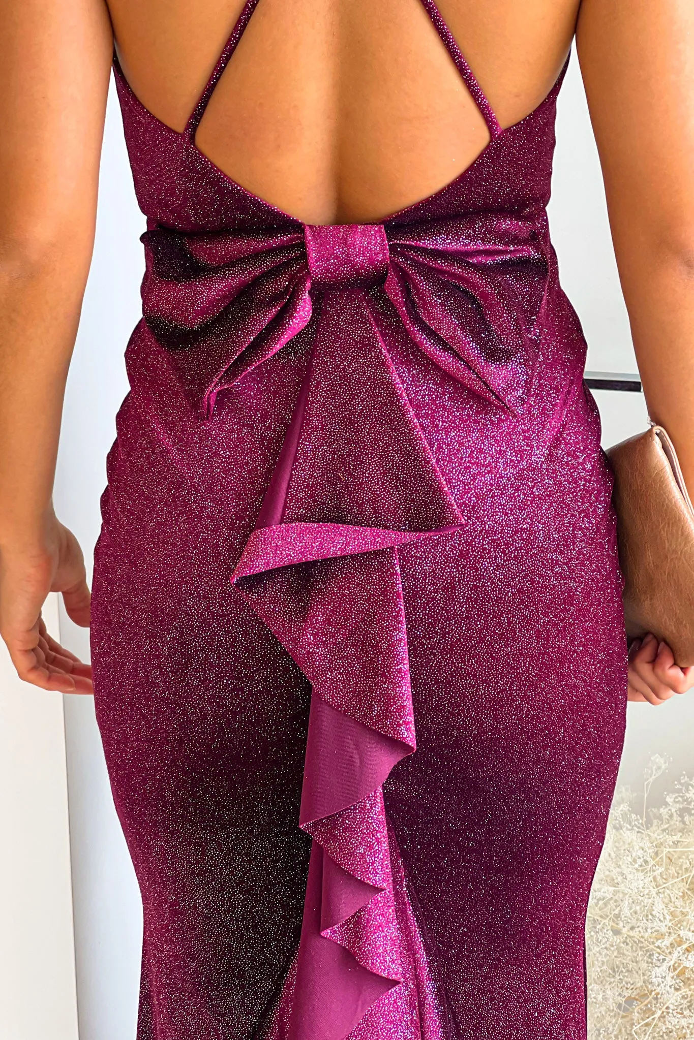 Wine Shine Velvet Maxi Dress With Open Back And Bow Detail