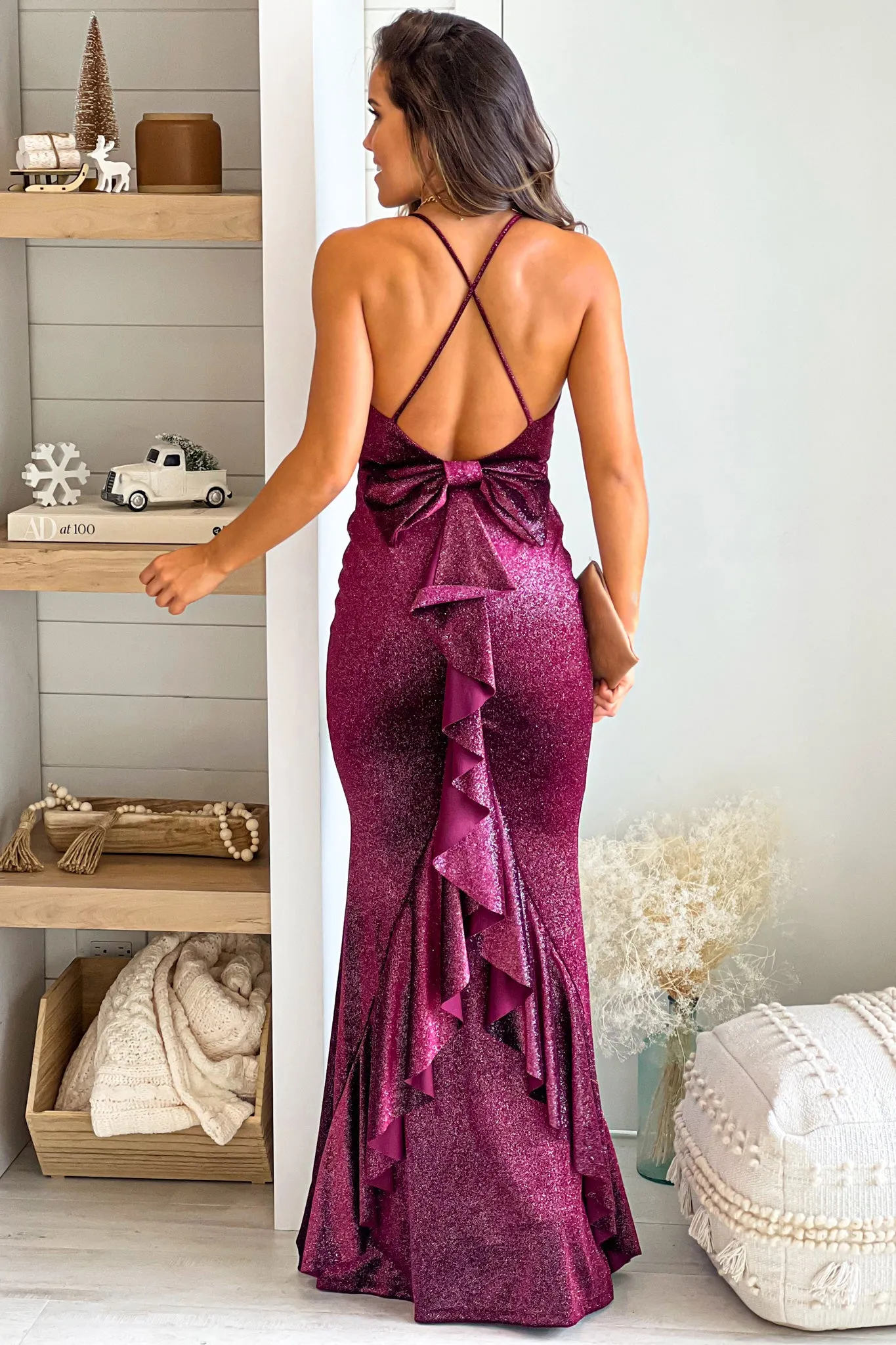 Wine Shine Velvet Maxi Dress With Open Back And Bow Detail