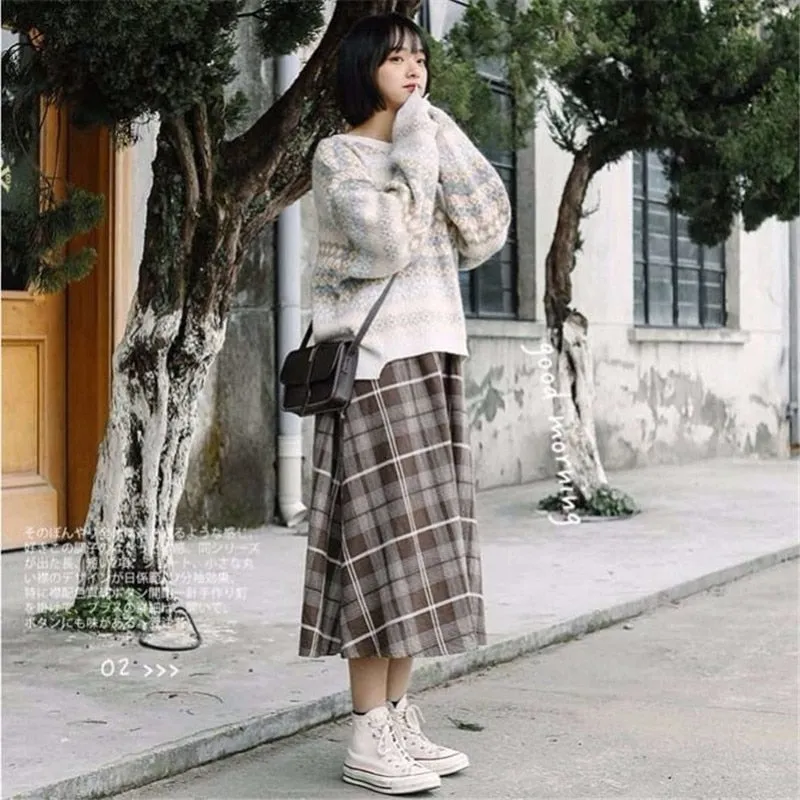 Wjczt New Japanese Harajuku Autumn Winter Women Midi Skirt High Waist Plaid Female Saias Korean Ulzzang Streetwear Elegant Long Skirts