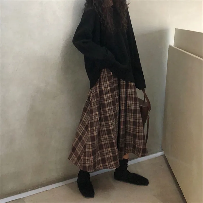 Wjczt New Japanese Harajuku Autumn Winter Women Midi Skirt High Waist Plaid Female Saias Korean Ulzzang Streetwear Elegant Long Skirts