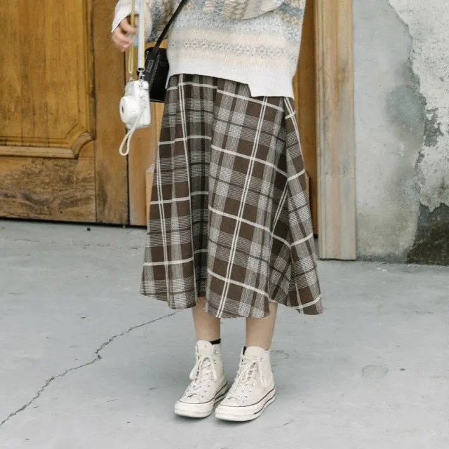 Wjczt New Japanese Harajuku Autumn Winter Women Midi Skirt High Waist Plaid Female Saias Korean Ulzzang Streetwear Elegant Long Skirts