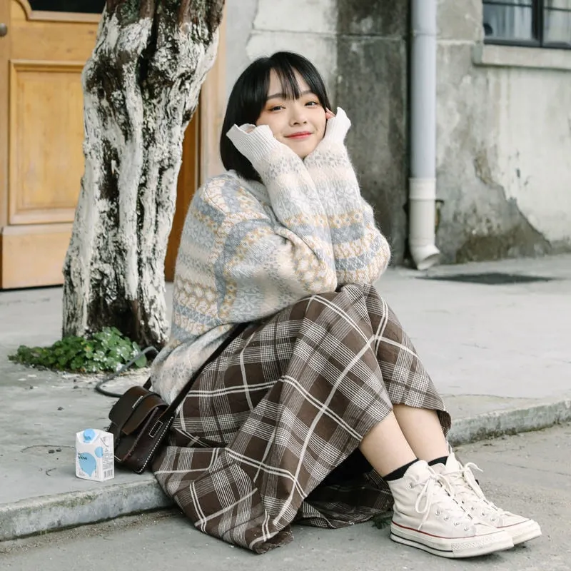 Wjczt New Japanese Harajuku Autumn Winter Women Midi Skirt High Waist Plaid Female Saias Korean Ulzzang Streetwear Elegant Long Skirts