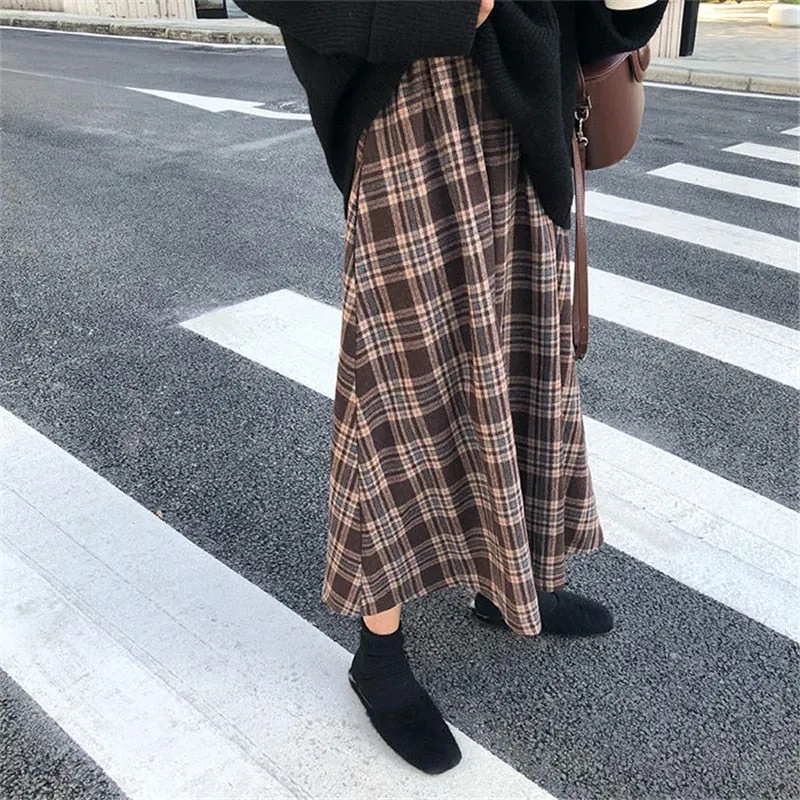 Wjczt New Japanese Harajuku Autumn Winter Women Midi Skirt High Waist Plaid Female Saias Korean Ulzzang Streetwear Elegant Long Skirts