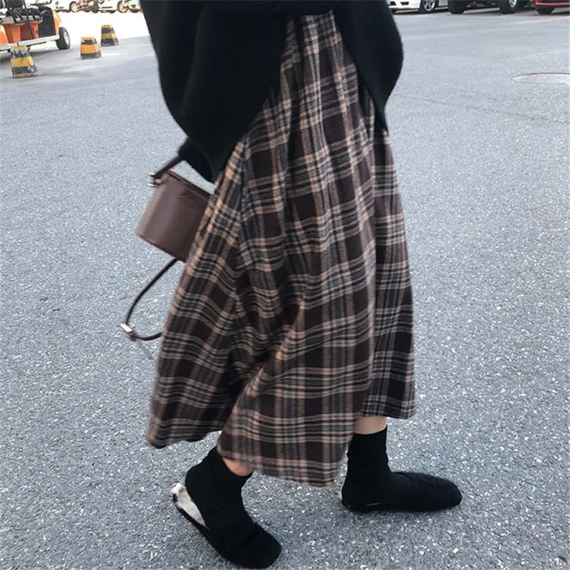 Wjczt New Japanese Harajuku Autumn Winter Women Midi Skirt High Waist Plaid Female Saias Korean Ulzzang Streetwear Elegant Long Skirts