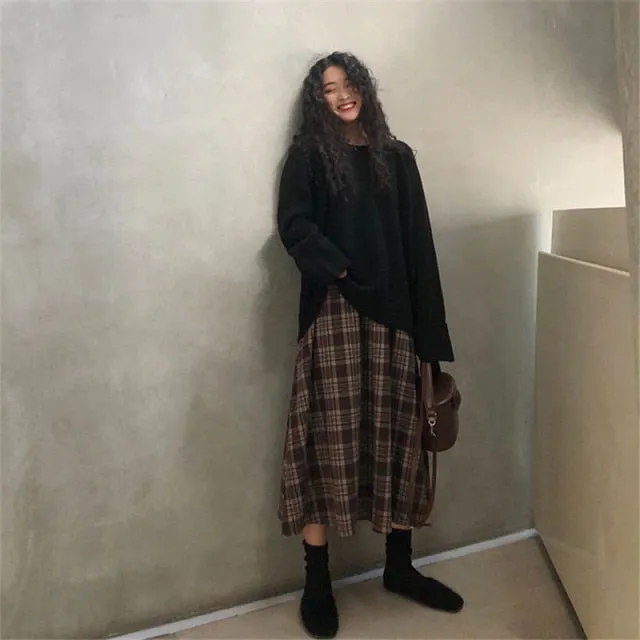 Wjczt New Japanese Harajuku Autumn Winter Women Midi Skirt High Waist Plaid Female Saias Korean Ulzzang Streetwear Elegant Long Skirts