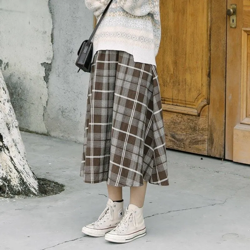 Wjczt New Japanese Harajuku Autumn Winter Women Midi Skirt High Waist Plaid Female Saias Korean Ulzzang Streetwear Elegant Long Skirts