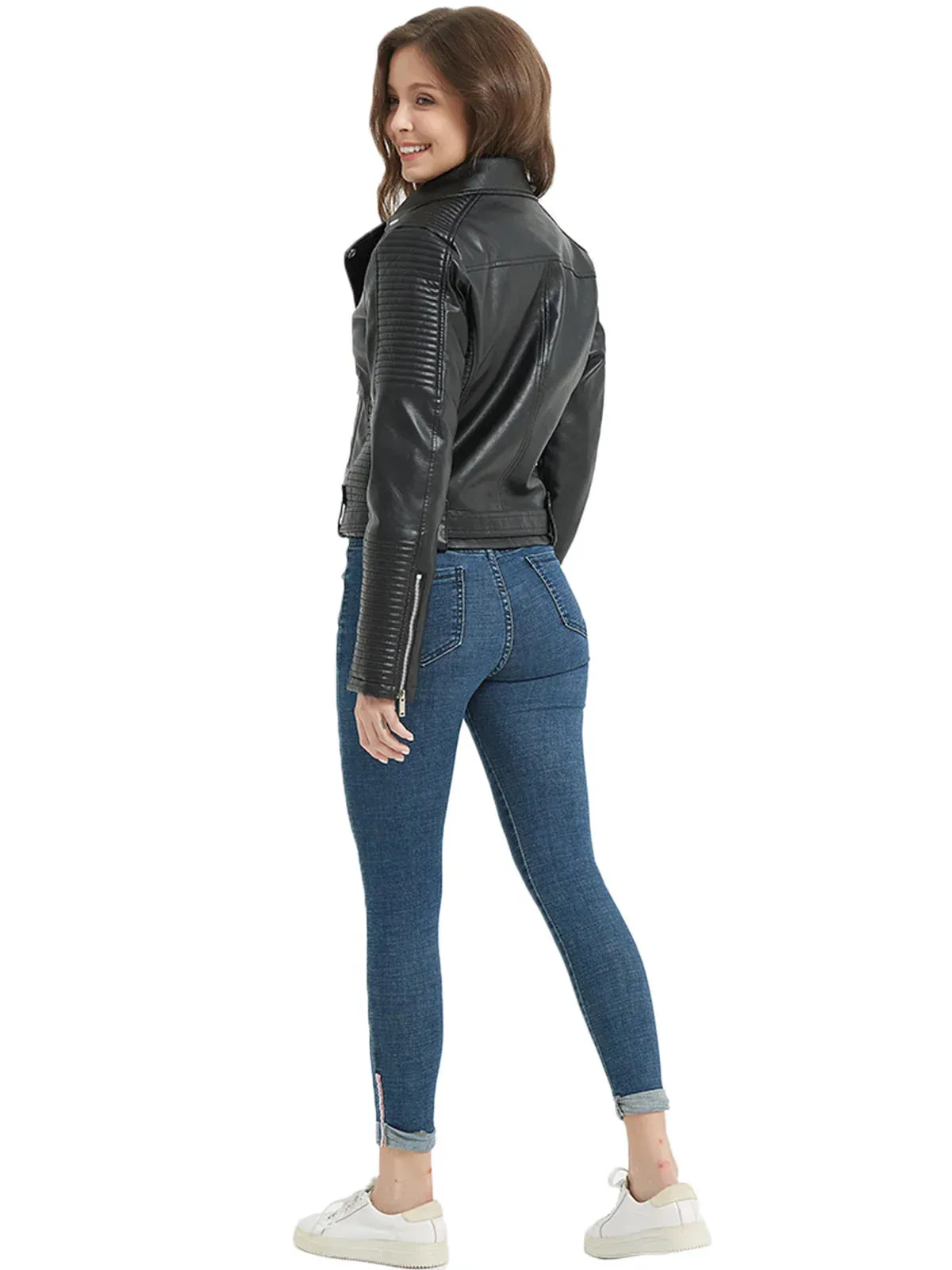 Women Faux Leather Belted Moto Biker Jacket