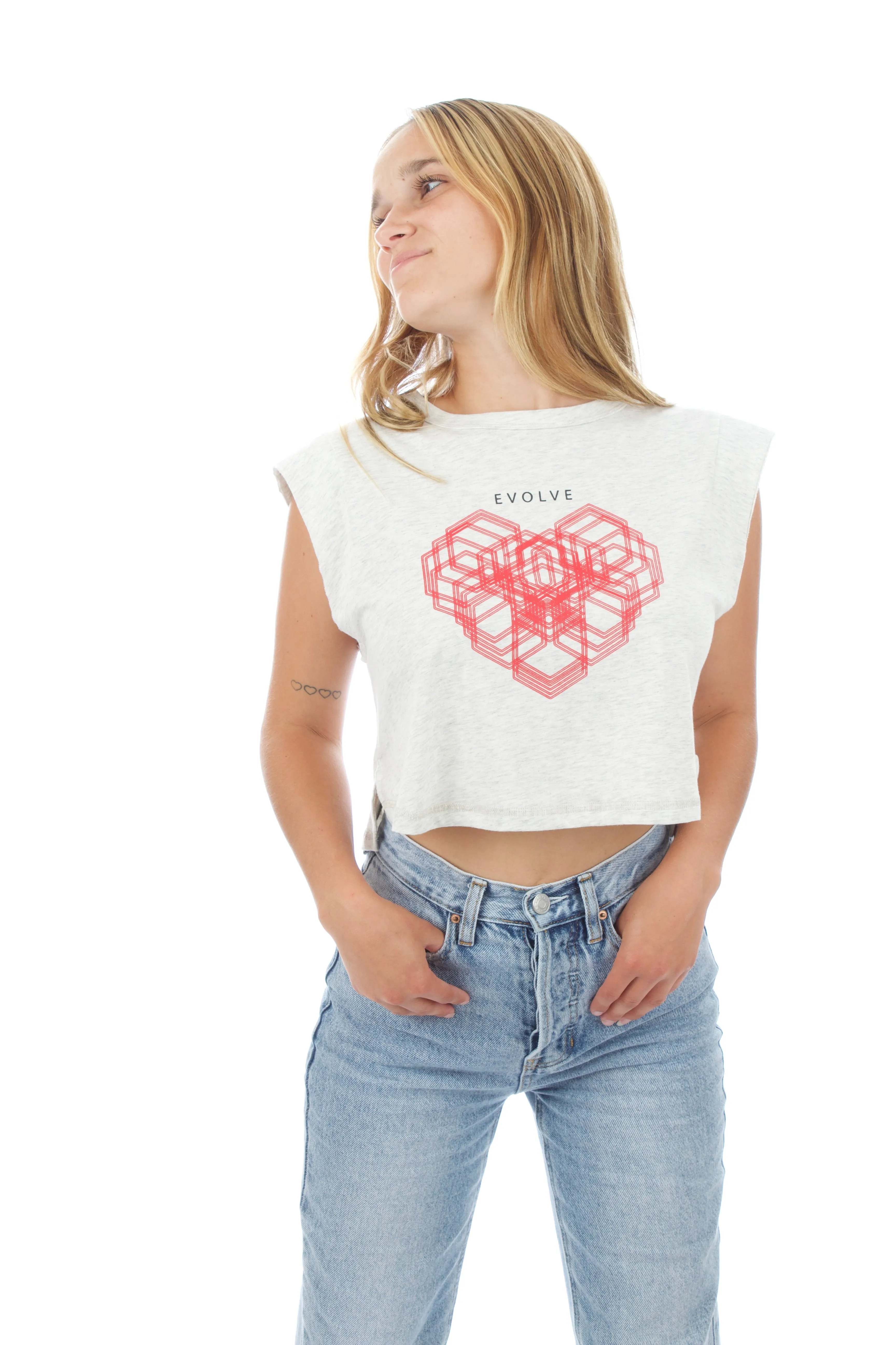 Women's Cropped Tank - Heart - Oatmeal Heather