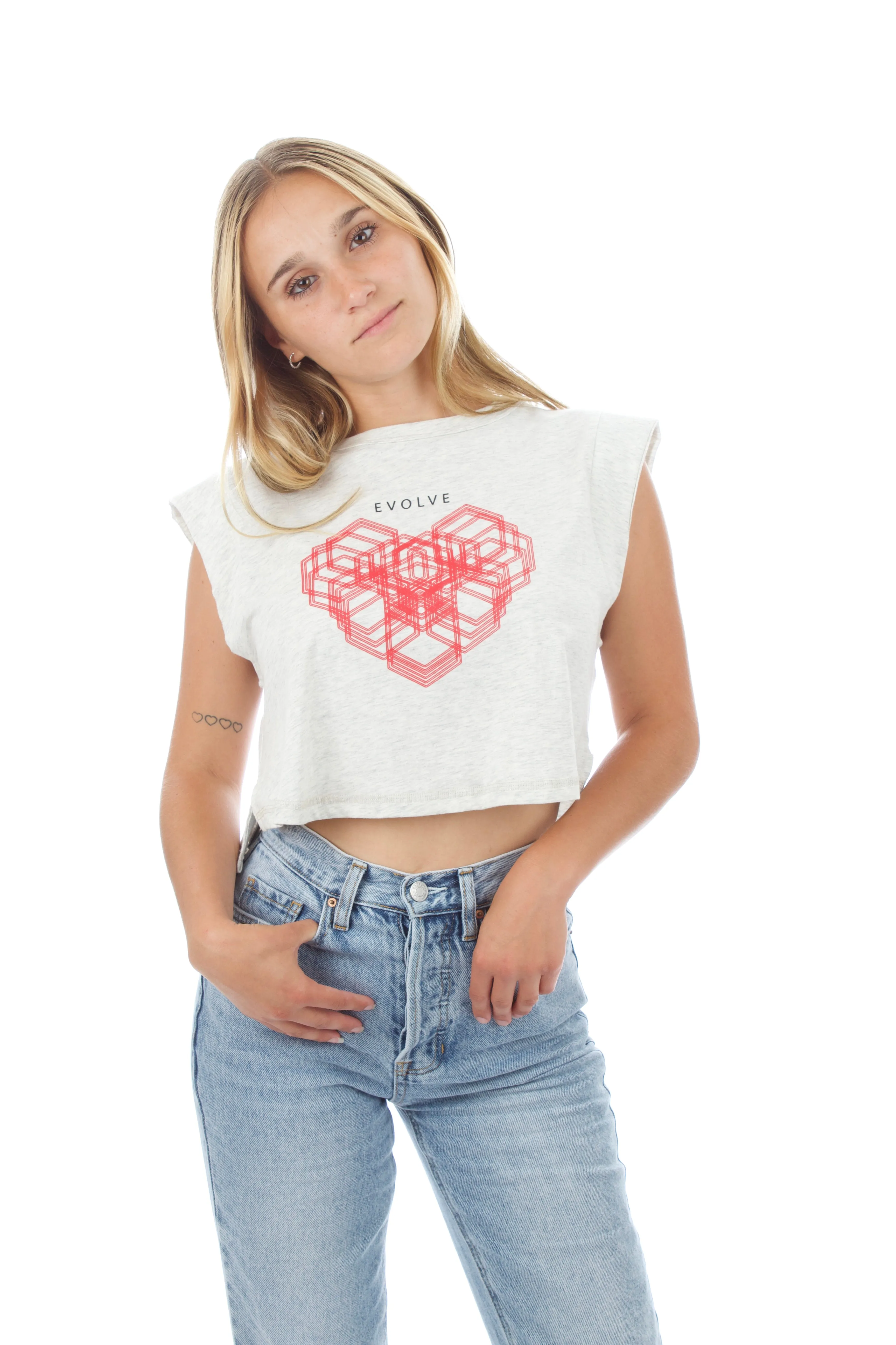 Women's Cropped Tank - Heart - Oatmeal Heather